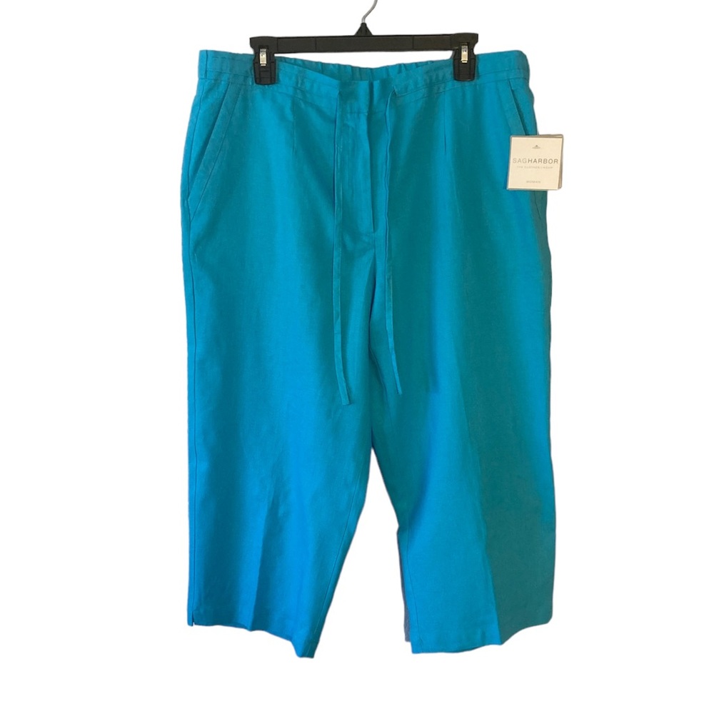 Sag Harbor Linen Blue Elastic Waist Pockets Capris Pants